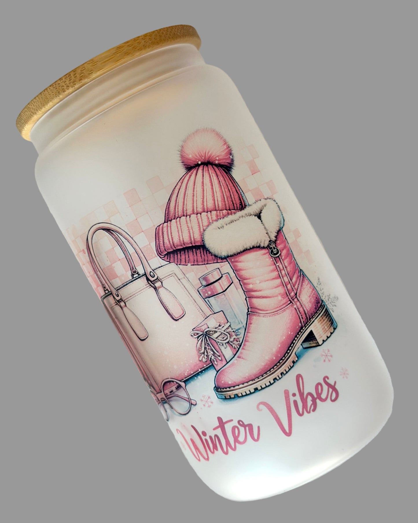 Winter Vibes Sipper Glass Can Tumbler, 16oz Pink Girly Cold Weather Stocking Hat Boots Purse