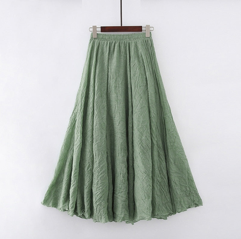 High Quality Cotton Linen Maxi Skirt Elastic High Waist Pleated A-Line