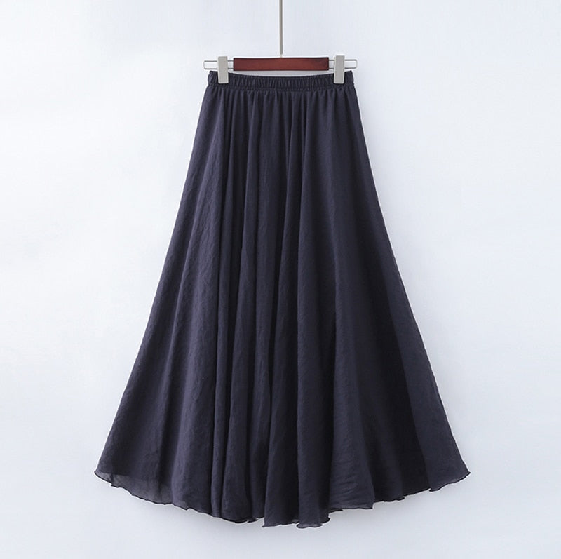 High Quality Cotton Linen Maxi Skirt Elastic High Waist Pleated A-Line