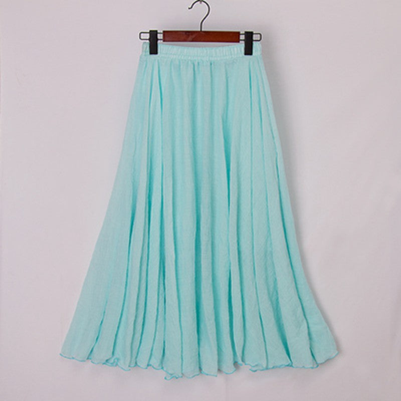 High Quality Cotton Linen Maxi Skirt Elastic High Waist Pleated A-Line
