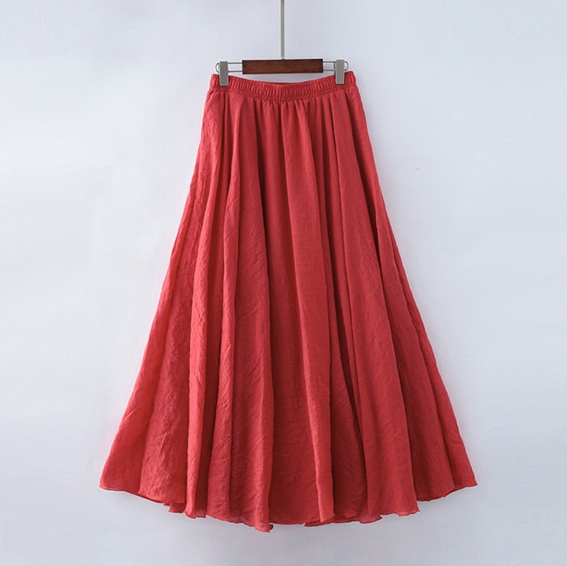 High Quality Cotton Linen Maxi Skirt Elastic High Waist Pleated A-Line