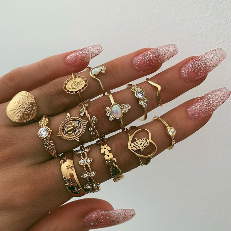 17 Pcs/set Boho Vintage Gold Color Crystal Opal Gem Ring Set Crown Star Water Drop Geometric Party Rings