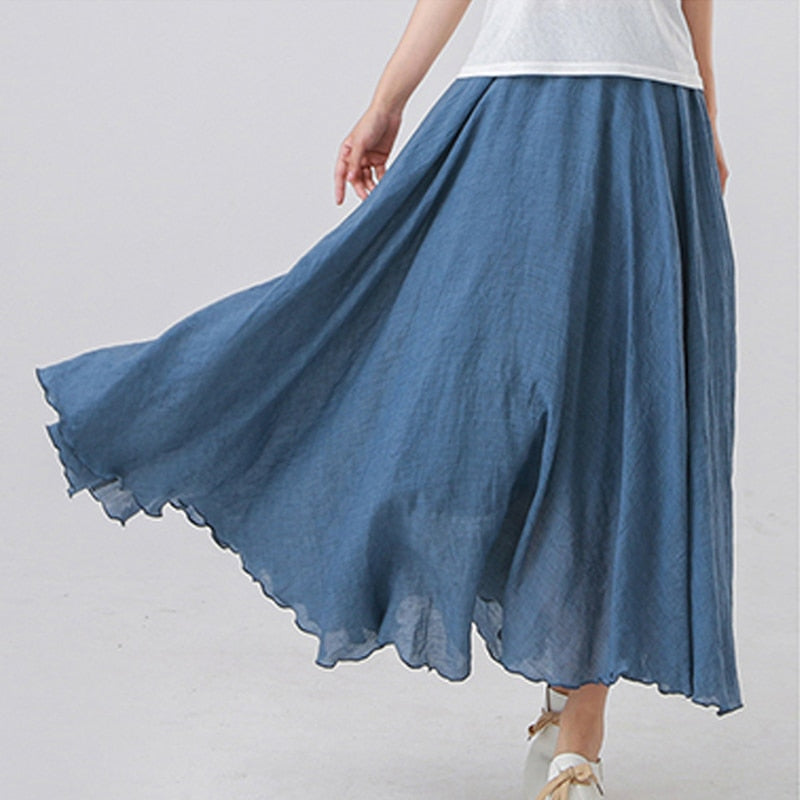 High Quality Cotton Linen Maxi Skirt Elastic High Waist Pleated A-Line