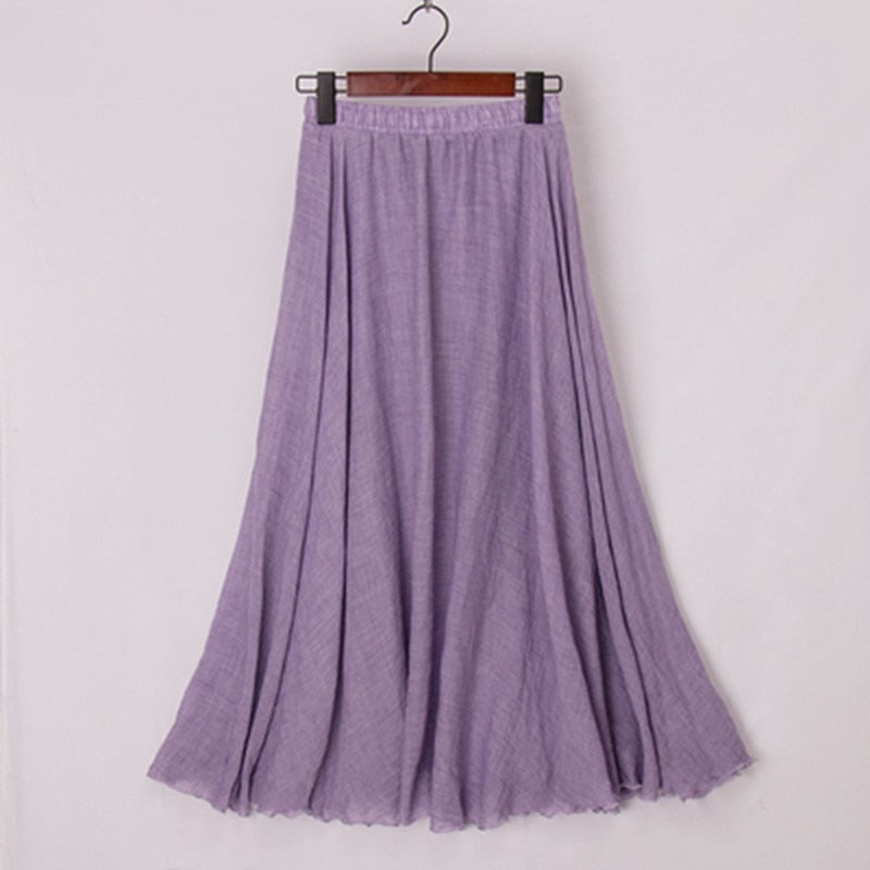 High Quality Cotton Linen Maxi Skirt Elastic High Waist Pleated A-Line