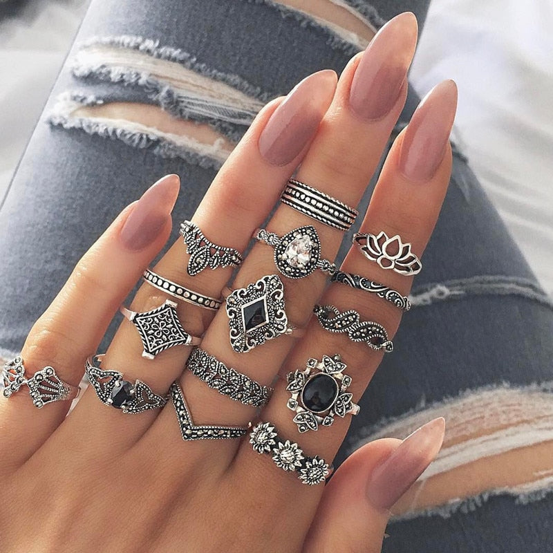 17 Pcs/set Boho Vintage Gold Color Crystal Opal Gem Ring Set Crown Star Water Drop Geometric Party Rings