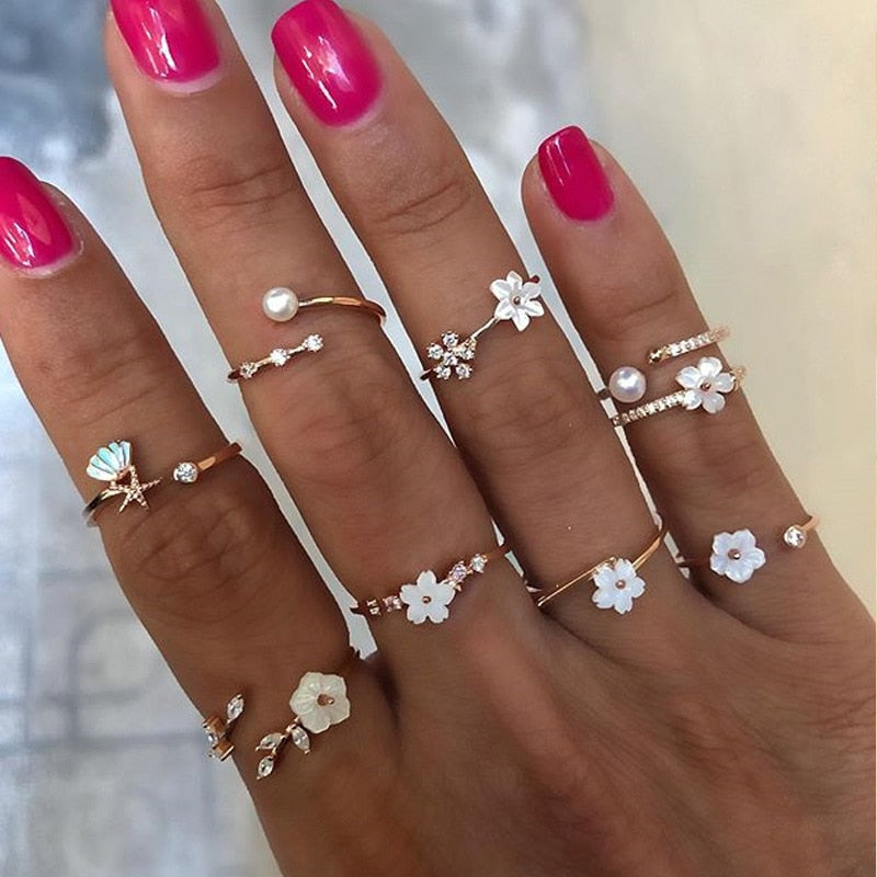 17 Pcs/set Boho Vintage Gold Color Crystal Opal Gem Ring Set Crown Star Water Drop Geometric Party Rings