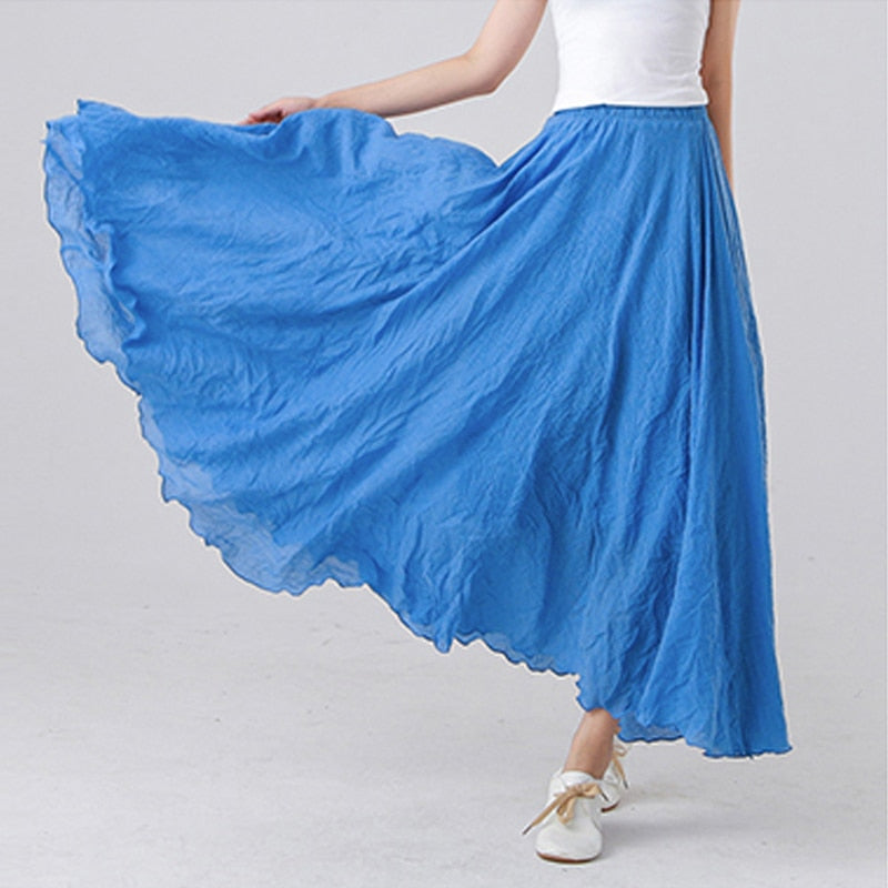High Quality Cotton Linen Maxi Skirt Elastic High Waist Pleated A-Line