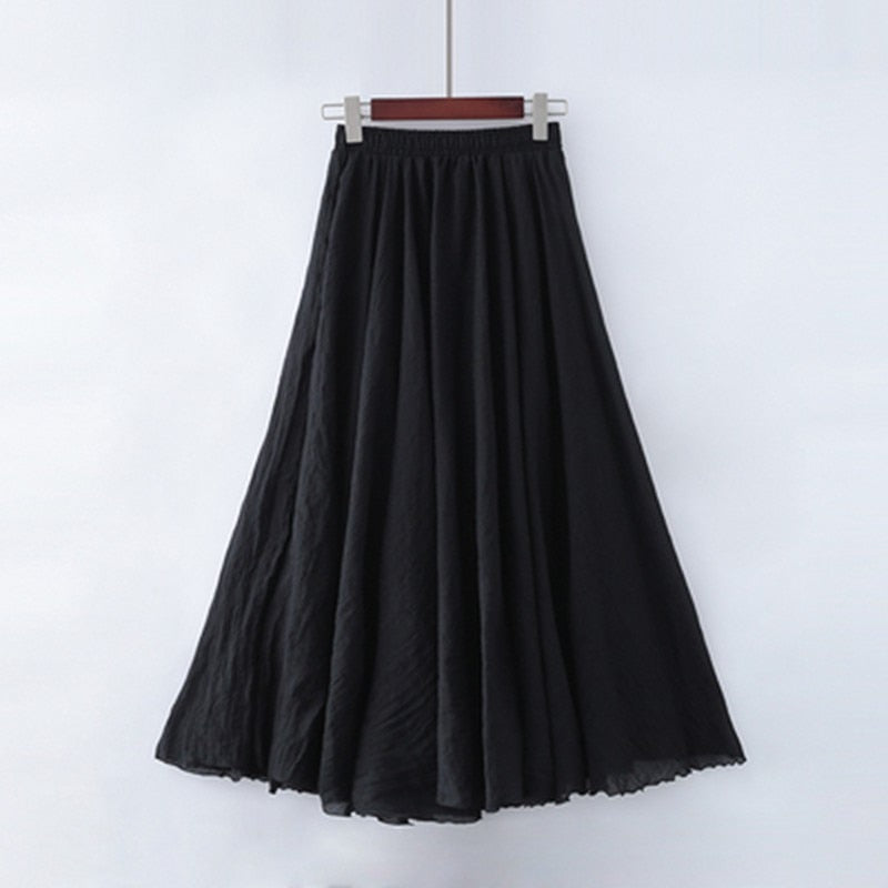High Quality Cotton Linen Maxi Skirt Elastic High Waist Pleated A-Line