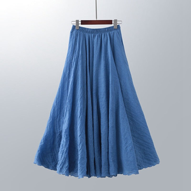 High Quality Cotton Linen Maxi Skirt Elastic High Waist Pleated A-Line