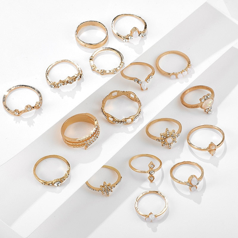 17 Pcs/set Boho Vintage Gold Color Crystal Opal Gem Ring Set Crown Star Water Drop Geometric Party Rings