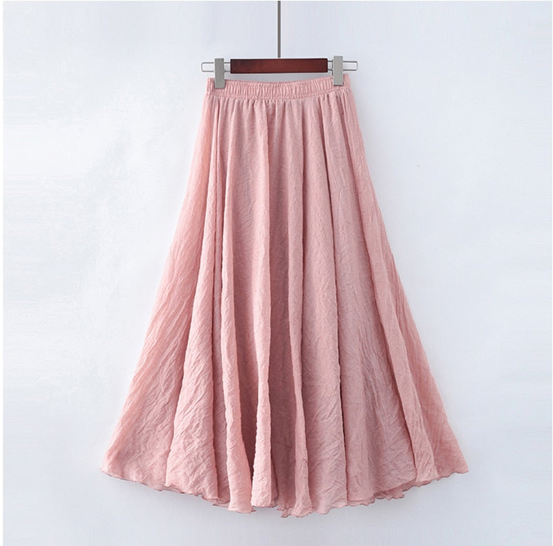 High Quality Cotton Linen Maxi Skirt Elastic High Waist Pleated A-Line