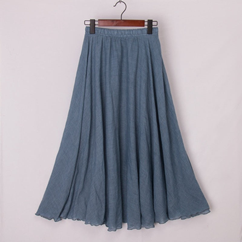 High Quality Cotton Linen Maxi Skirt Elastic High Waist Pleated A-Line