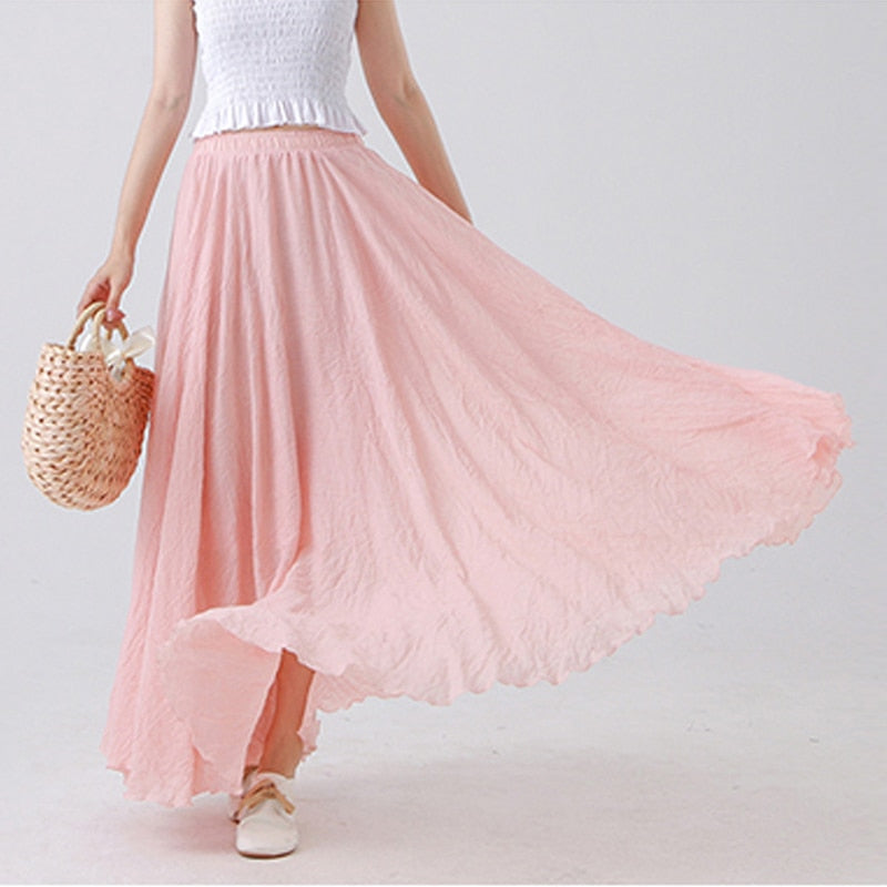 High Quality Cotton Linen Maxi Skirt Elastic High Waist Pleated A-Line