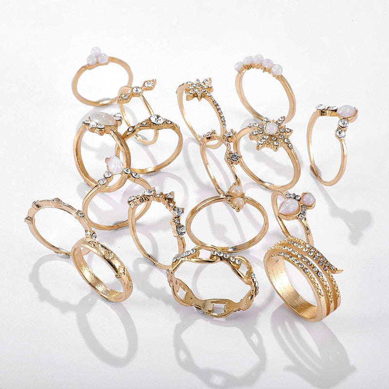 17 Pcs/set Boho Vintage Gold Color Crystal Opal Gem Ring Set Crown Star Water Drop Geometric Party Rings