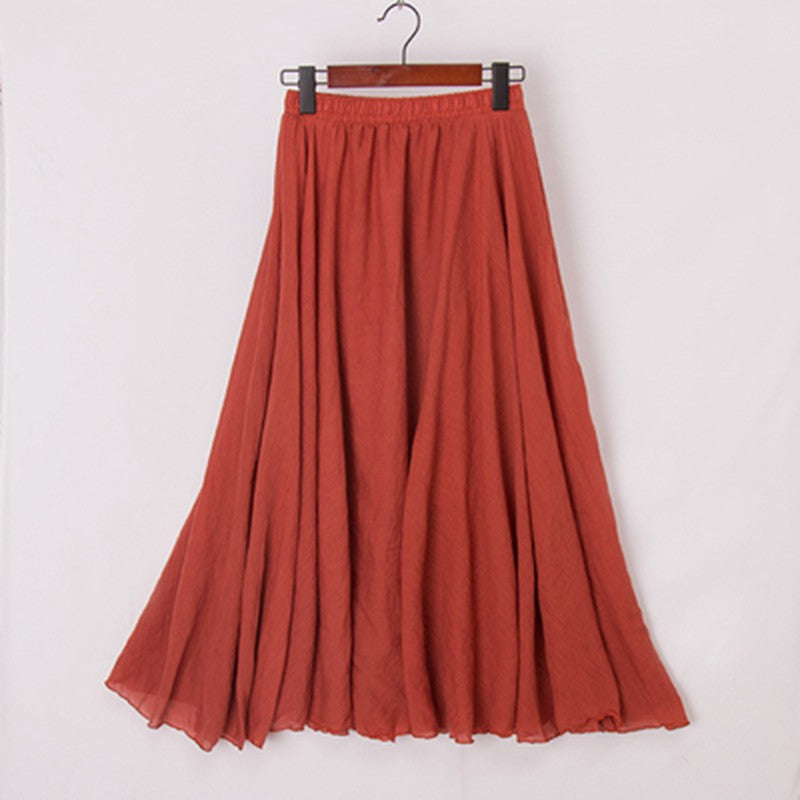 High Quality Cotton Linen Maxi Skirt Elastic High Waist Pleated A-Line