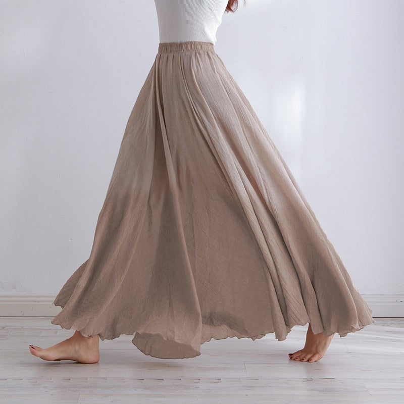High Quality Cotton Linen Maxi Skirt Elastic High Waist Pleated A-Line