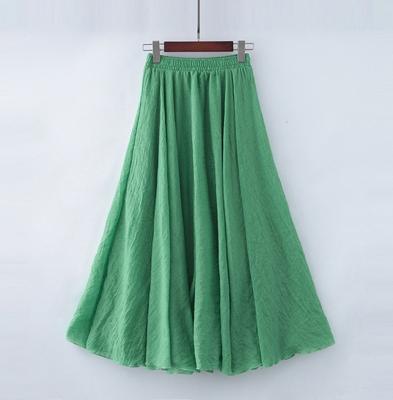 High Quality Cotton Linen Maxi Skirt Elastic High Waist Pleated A-Line