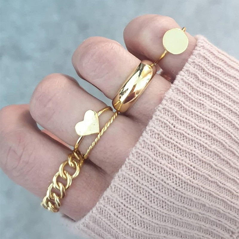 17 Pcs/set Boho Vintage Gold Color Crystal Opal Gem Ring Set Crown Star Water Drop Geometric Party Rings