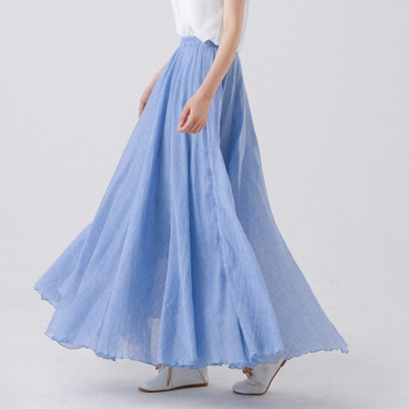 High Quality Cotton Linen Maxi Skirt Elastic High Waist Pleated A-Line