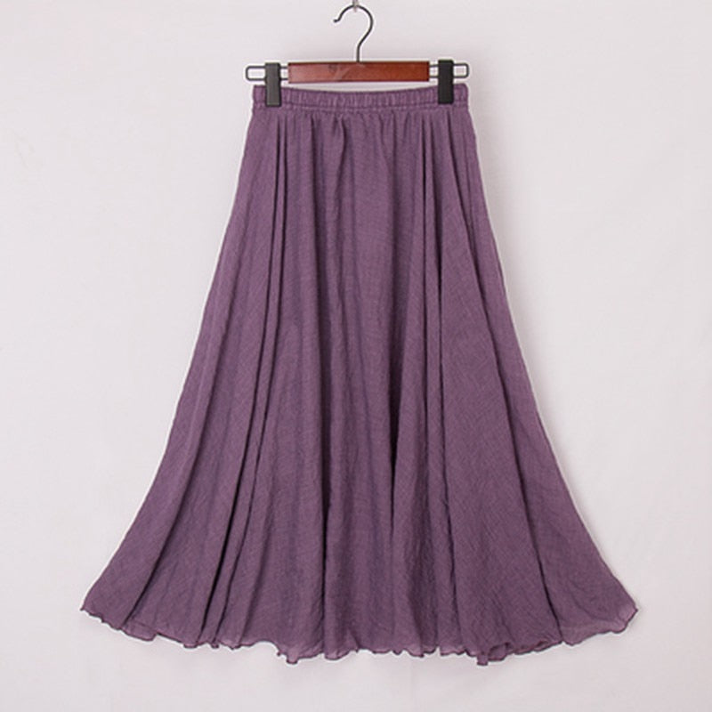 High Quality Cotton Linen Maxi Skirt Elastic High Waist Pleated A-Line