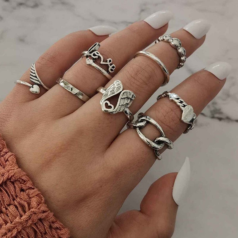 17 Pcs/set Boho Vintage Gold Color Crystal Opal Gem Ring Set Crown Star Water Drop Geometric Party Rings