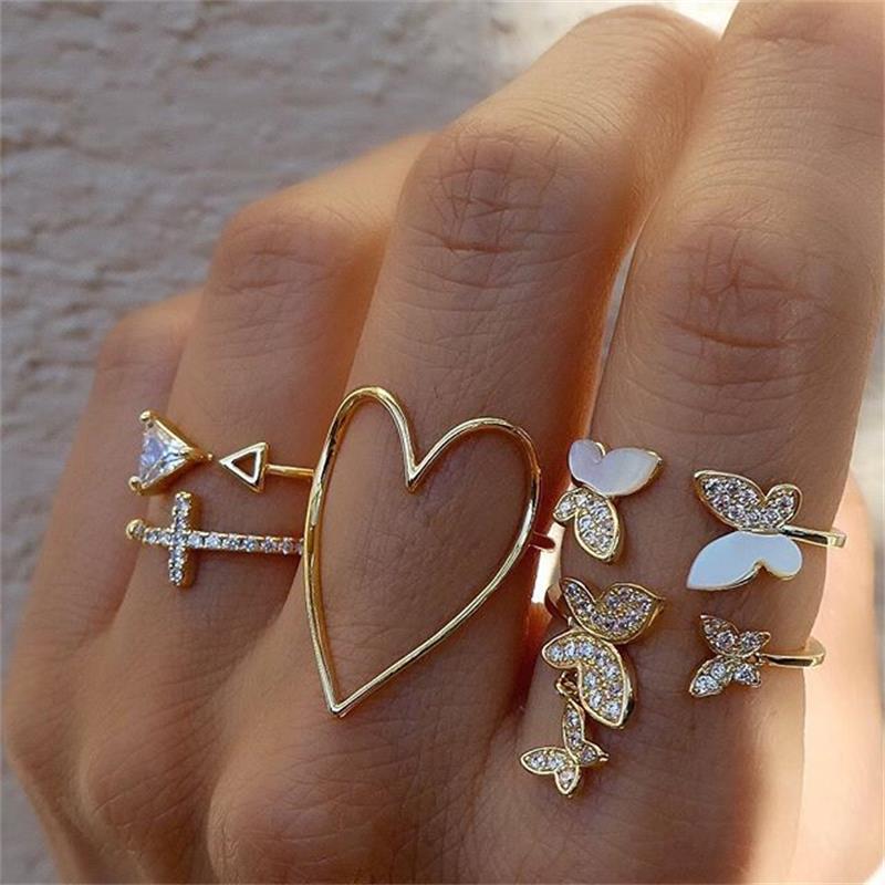17 Pcs/set Boho Vintage Gold Color Crystal Opal Gem Ring Set Crown Star Water Drop Geometric Party Rings