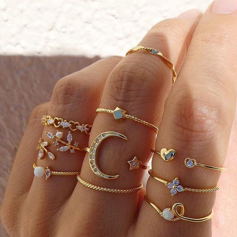 17 Pcs/set Boho Vintage Gold Color Crystal Opal Gem Ring Set Crown Star Water Drop Geometric Party Rings