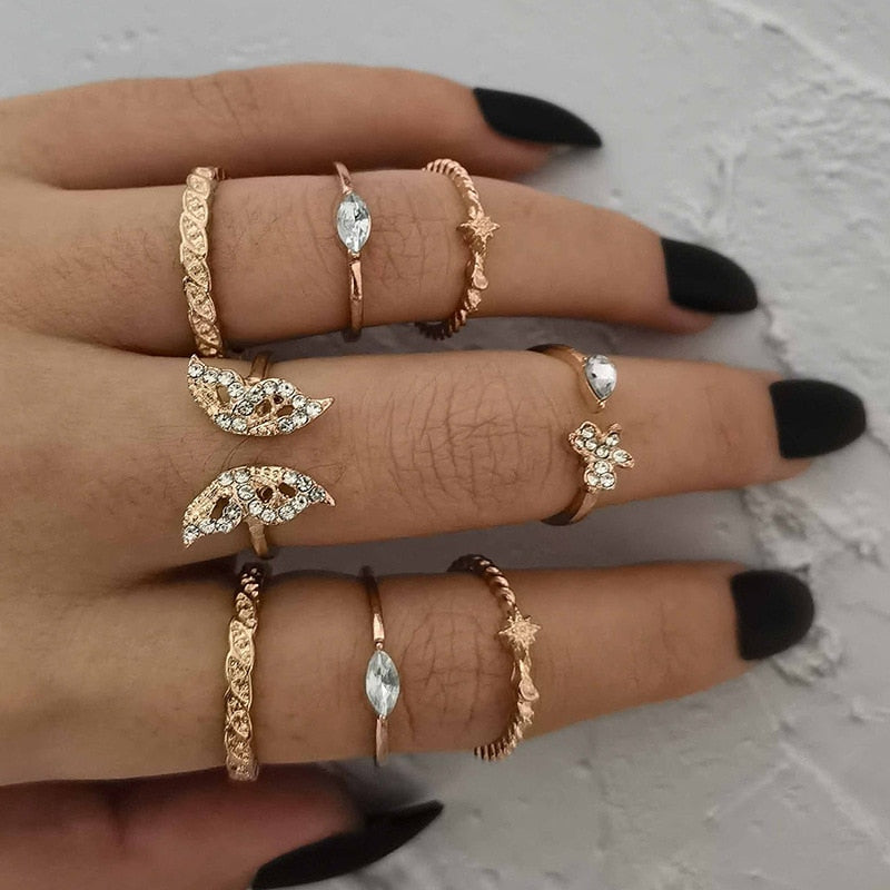 17 Pcs/set Boho Vintage Gold Color Crystal Opal Gem Ring Set Crown Star Water Drop Geometric Party Rings