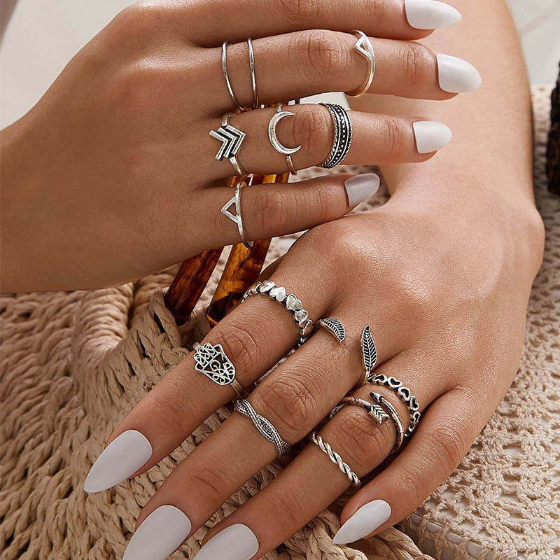 17 Pcs/set Boho Vintage Gold Color Crystal Opal Gem Ring Set Crown Star Water Drop Geometric Party Rings
