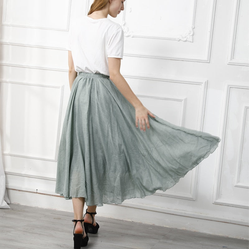 High Quality Cotton Linen Maxi Skirt Elastic High Waist Pleated A-Line