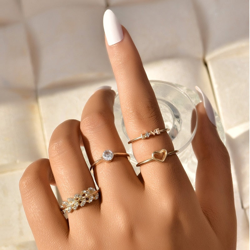 17 Pcs/set Boho Vintage Gold Color Crystal Opal Gem Ring Set Crown Star Water Drop Geometric Party Rings