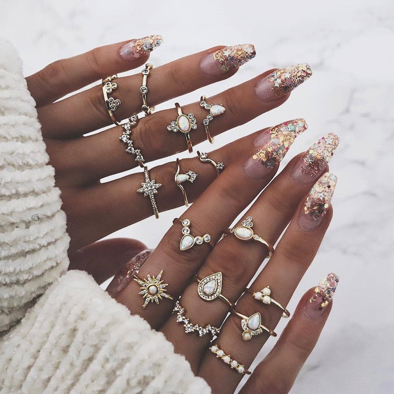 17 Pcs/set Boho Vintage Gold Color Crystal Opal Gem Ring Set Crown Star Water Drop Geometric Party Rings