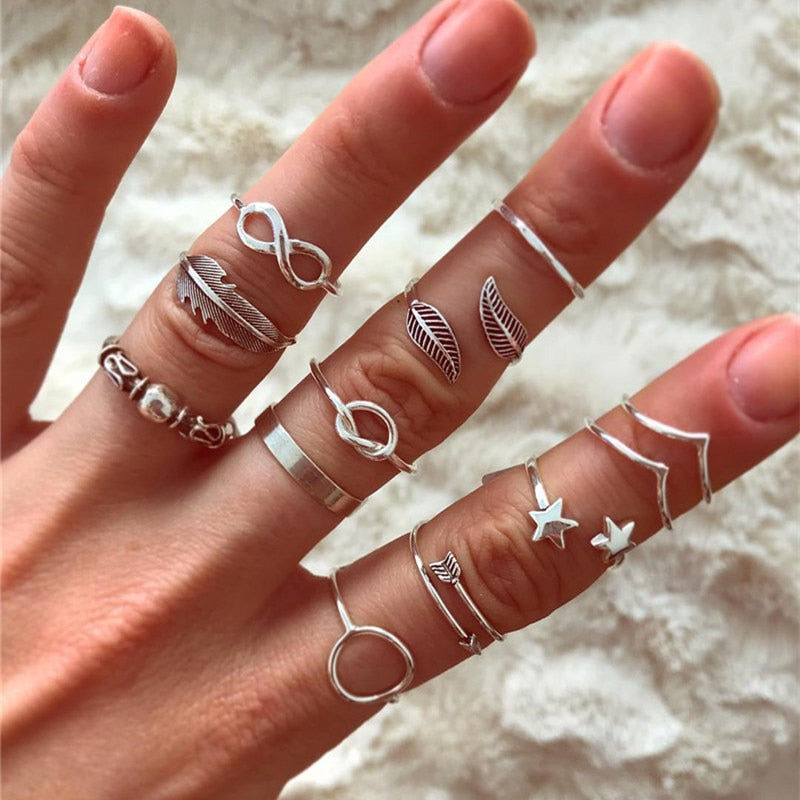 17 Pcs/set Boho Vintage Gold Color Crystal Opal Gem Ring Set Crown Star Water Drop Geometric Party Rings