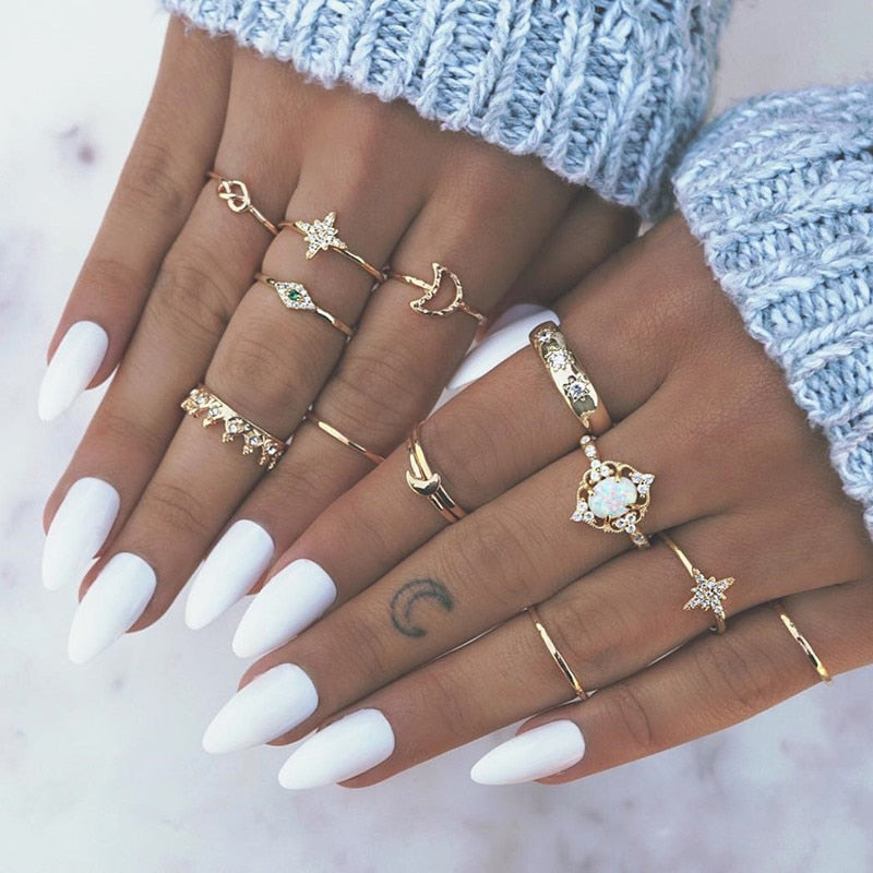 17 Pcs/set Boho Vintage Gold Color Crystal Opal Gem Ring Set Crown Star Water Drop Geometric Party Rings