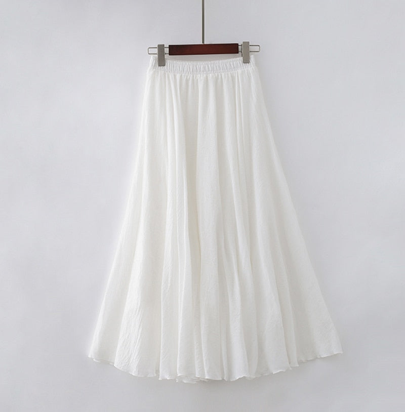 High Quality Cotton Linen Maxi Skirt Elastic High Waist Pleated A-Line