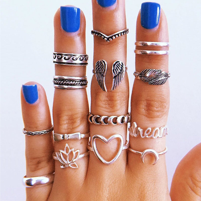 17 Pcs/set Boho Vintage Gold Color Crystal Opal Gem Ring Set Crown Star Water Drop Geometric Party Rings