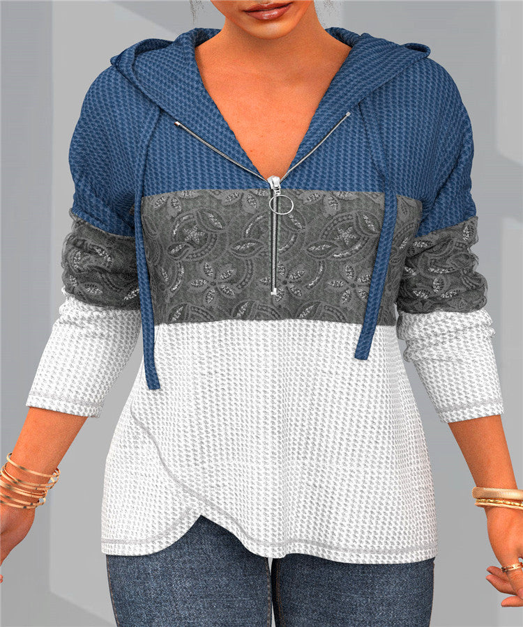 Women's Elegant Color Block With Half Zipper Sweater