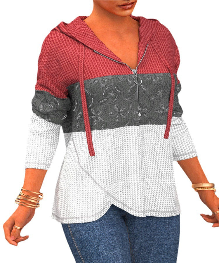 Women's Elegant Color Block With Half Zipper Sweater