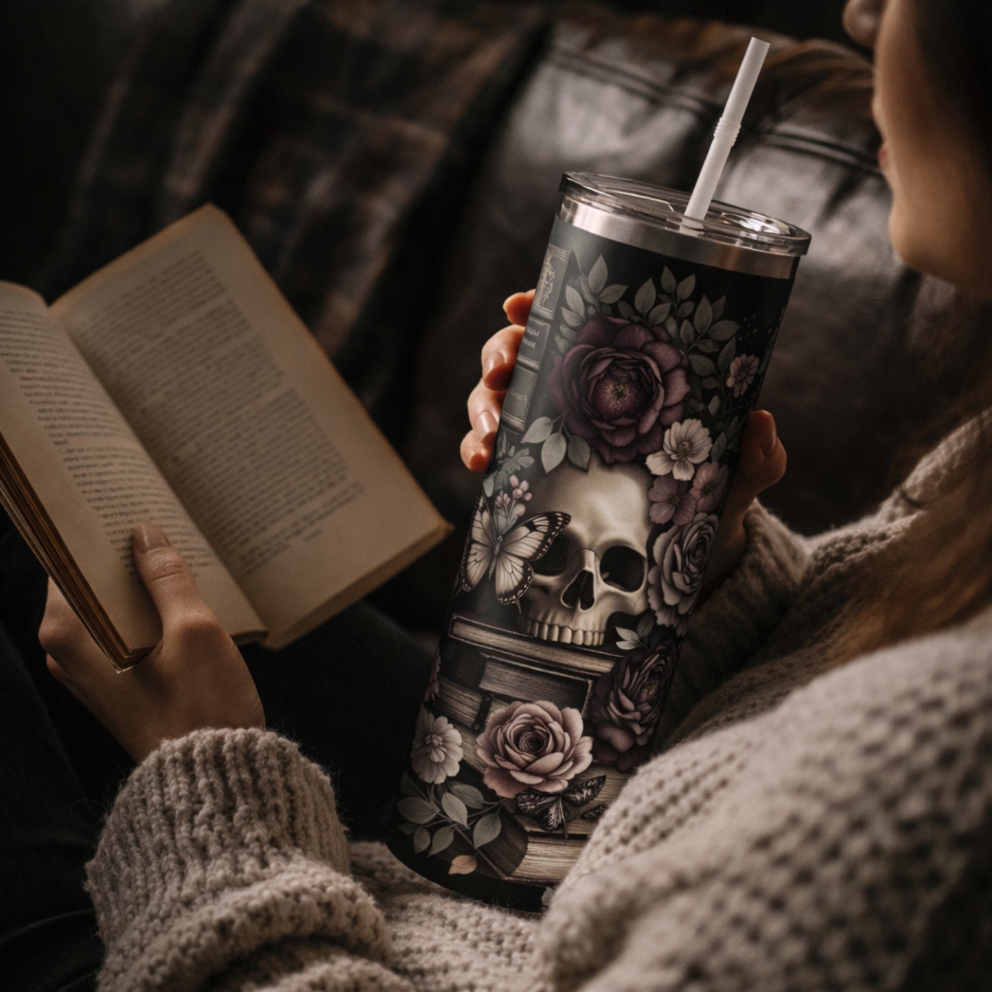 Dark Academia Skull Floral Tumbler, Gothic Library Design, Moody Botanical Flowers, Vintage Book Aesthetic Cup, 20oz Skinny Tumbler
