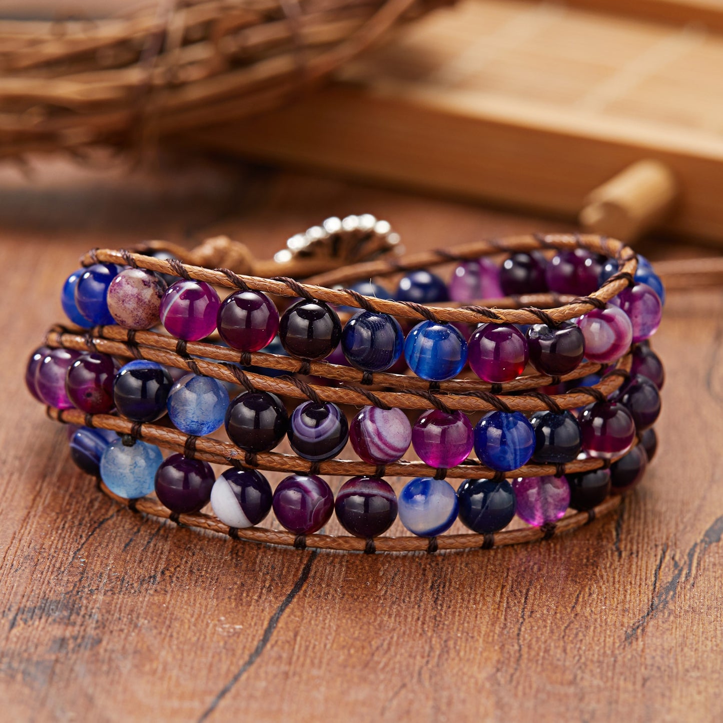 Woven Wrap Volcanic Stone Multi Color Beads Rope Chain Bracelet