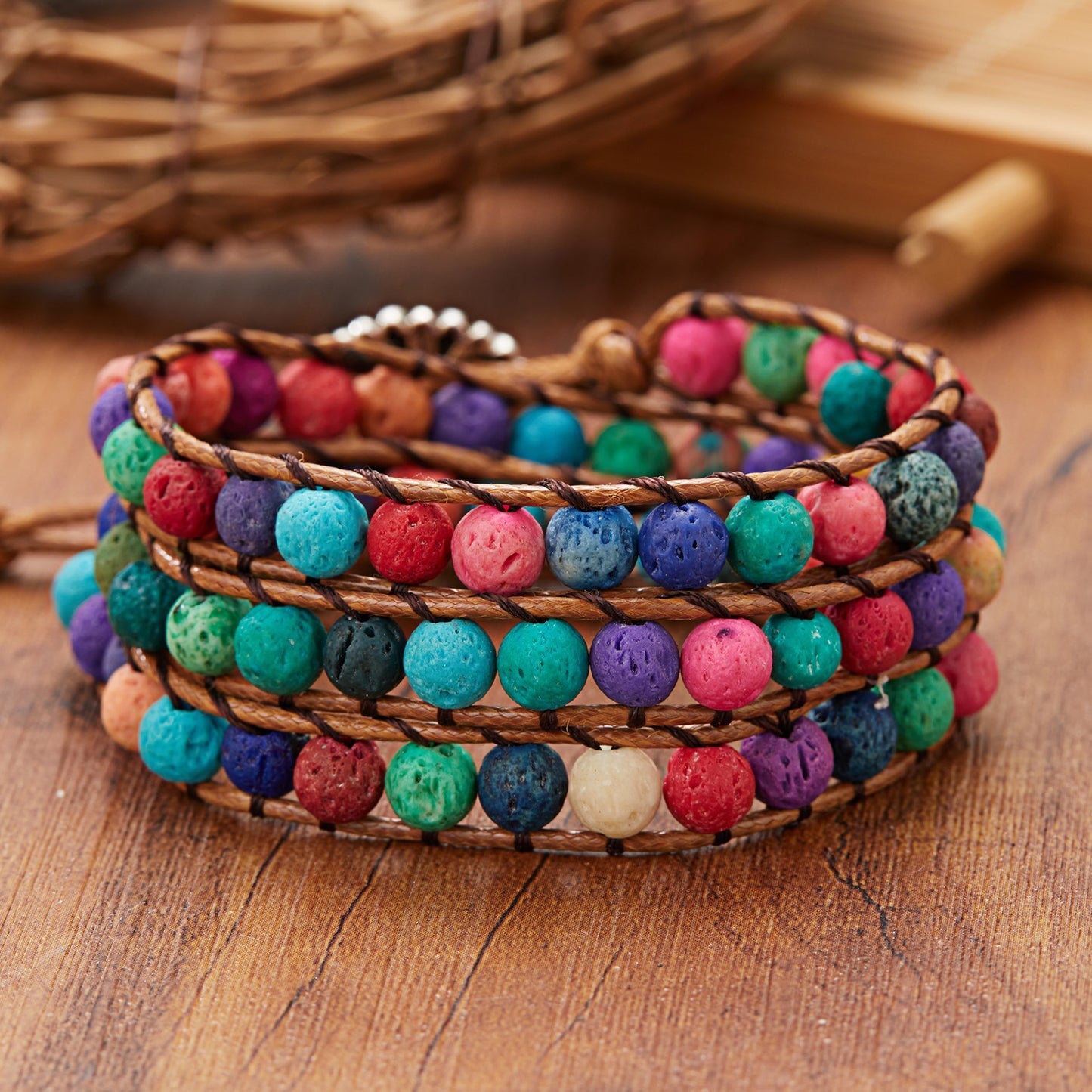 Woven Wrap Volcanic Stone Multi Color Beads Rope Chain Bracelet