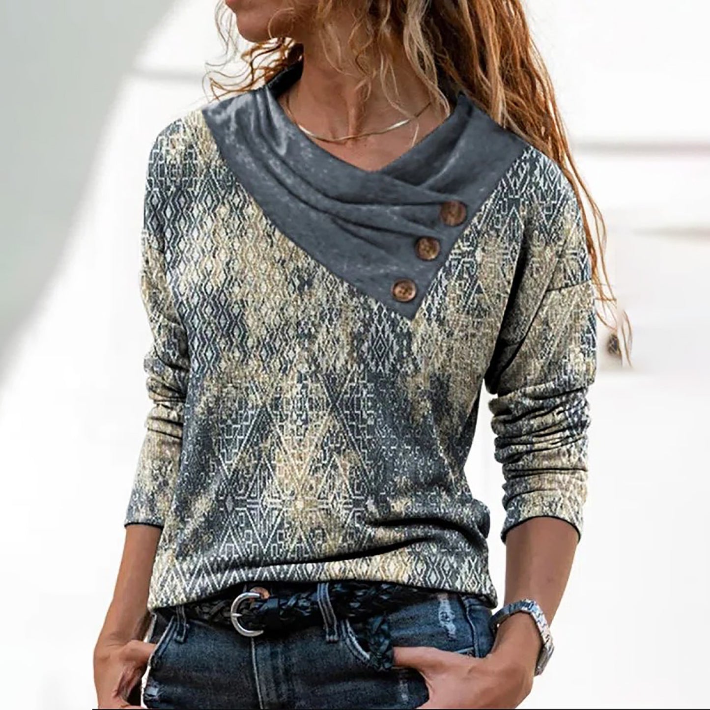 Button Cowl-Neck Pullover