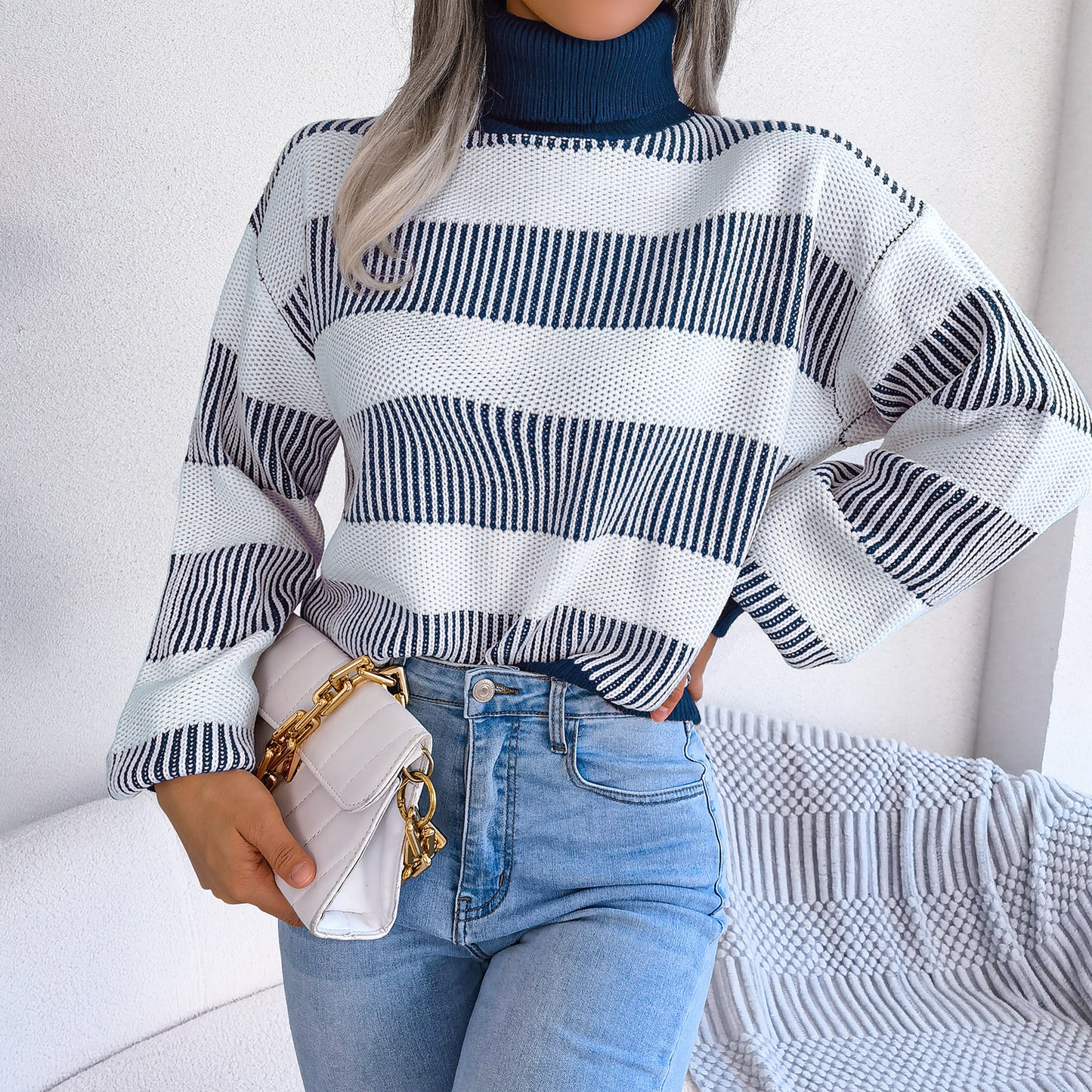 Striped Lantern Sleeve Turtle Neck Sweater