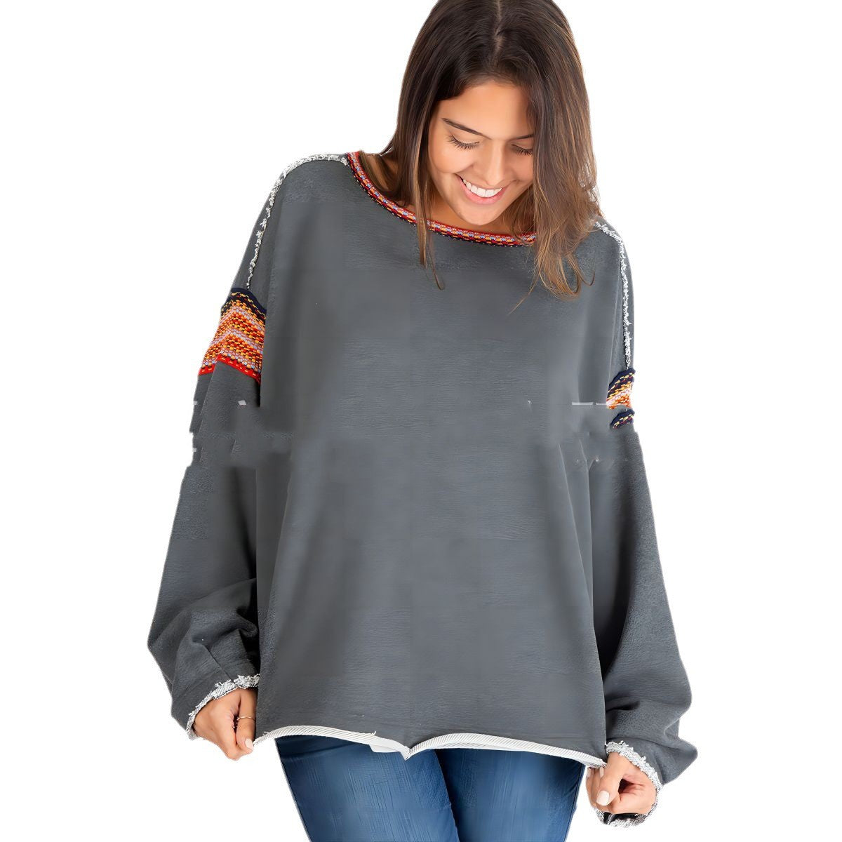 Boho Accented Raw Hem Sweatshirt