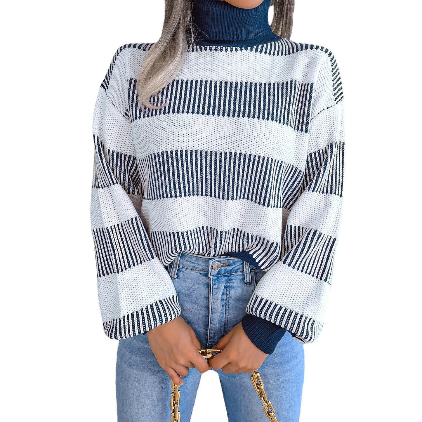 Striped Lantern Sleeve Turtle Neck Sweater