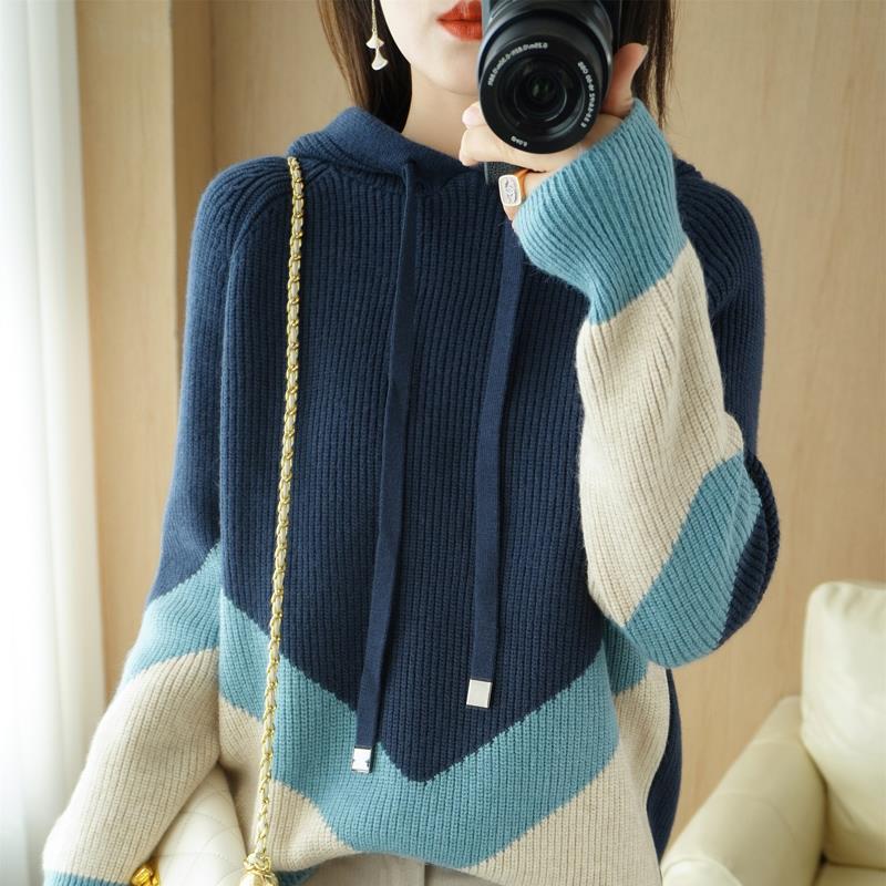 Knitted V-down Color Block Sweater