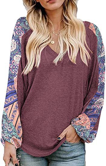 Women's New Loose V-neck Balloon Splicing T-shirt Women