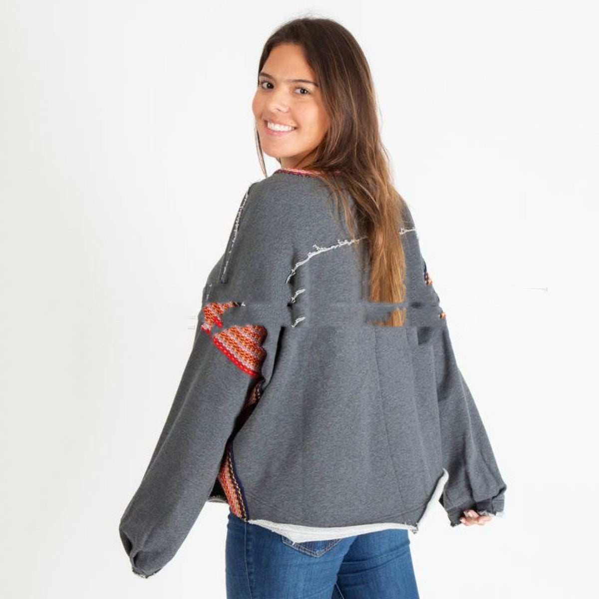 Boho Accented Raw Hem Sweatshirt