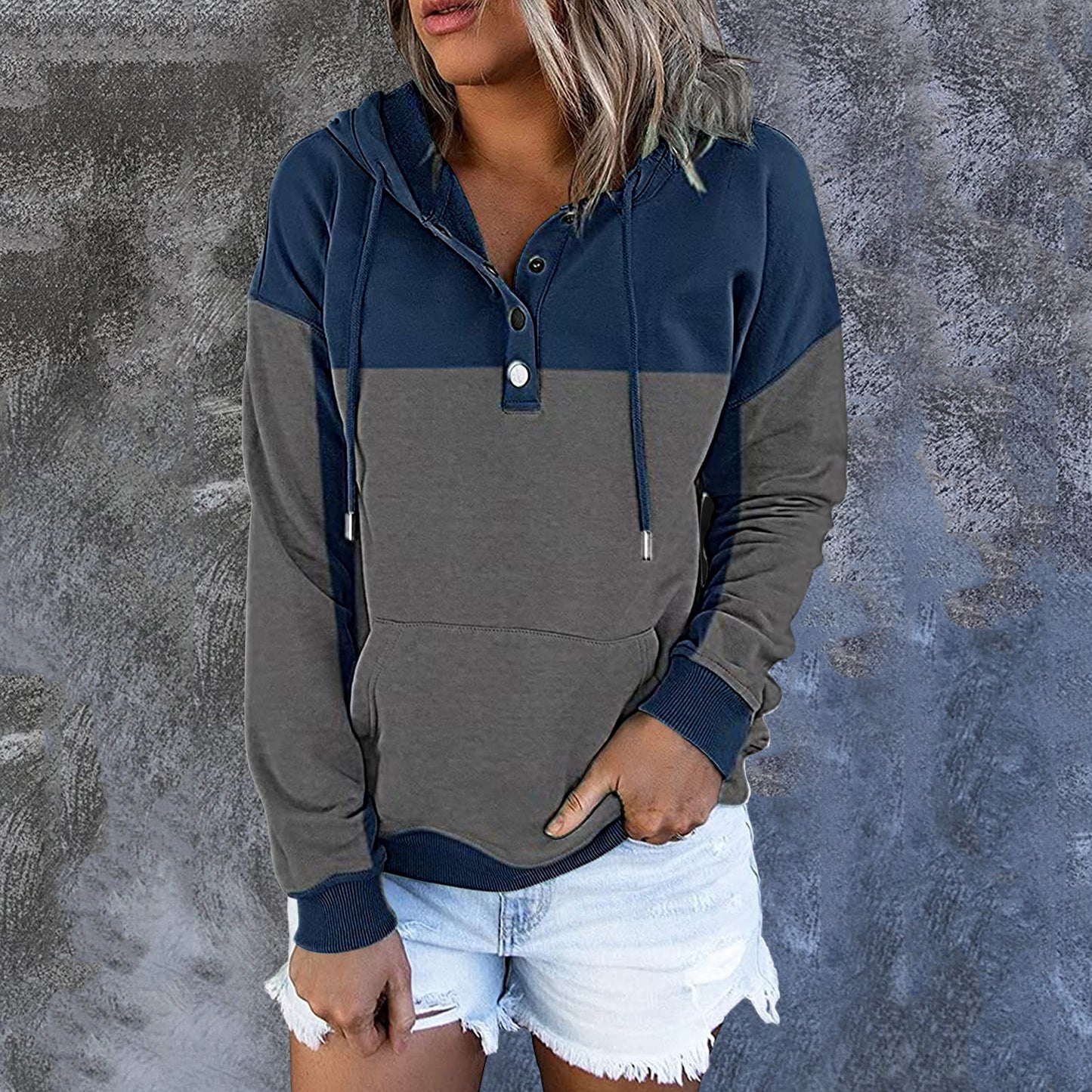 Striped Tie Dye or Color Block Pullover Hoodie with a Buttoned Neckline