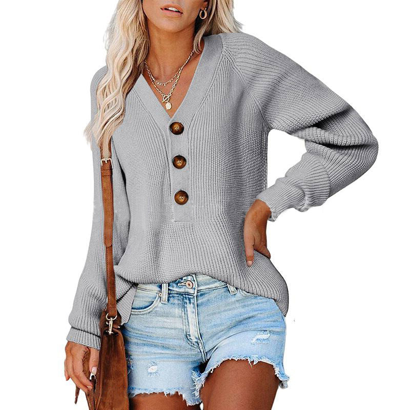 Knitted V-Neck Button Sweater